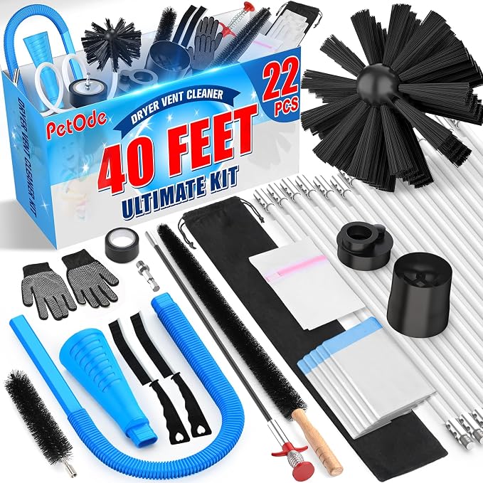 PetOde 22-piece 40-Feet Dryer Vent Cleaner Kit, Dryer Vent Cleaning Kit Lint Remover with Dryer Vent Brush, Vacuum Hose Attachment Cleaning Tools, Flexible Lint Trap Brush, Vacuum & Dryer Adapters | Omnidirectional Blue Dryer Lint Vacuum Attachment & L...