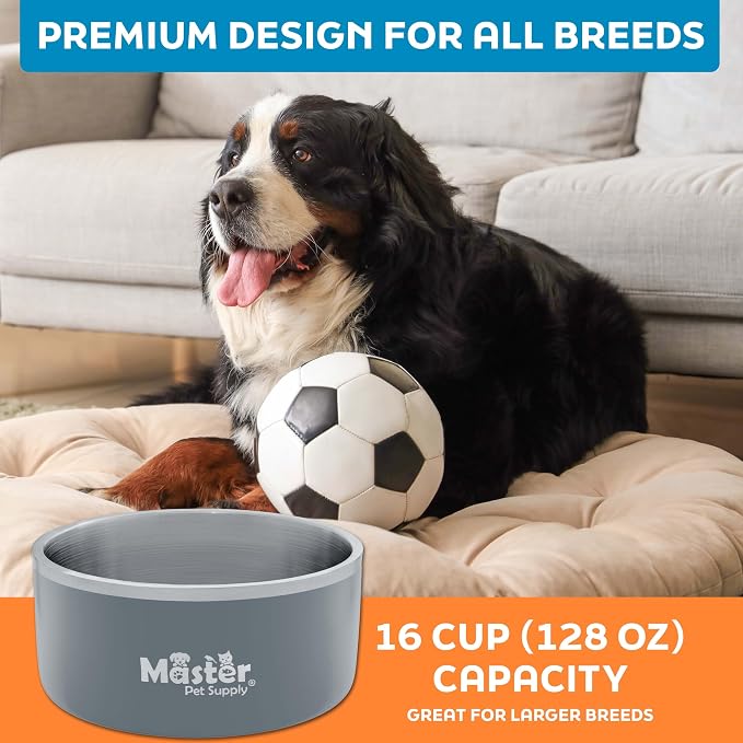 Master Pet Supply Stainless Steel Dog Bowls - 128 oz, Heavy Duty - Graphite, Double Wall Extra-Thick Insulated, Non-Slip Pet Water Bowl for Dogs, Cats & Pets, Anti Rust Metal, Dish Washer Safe