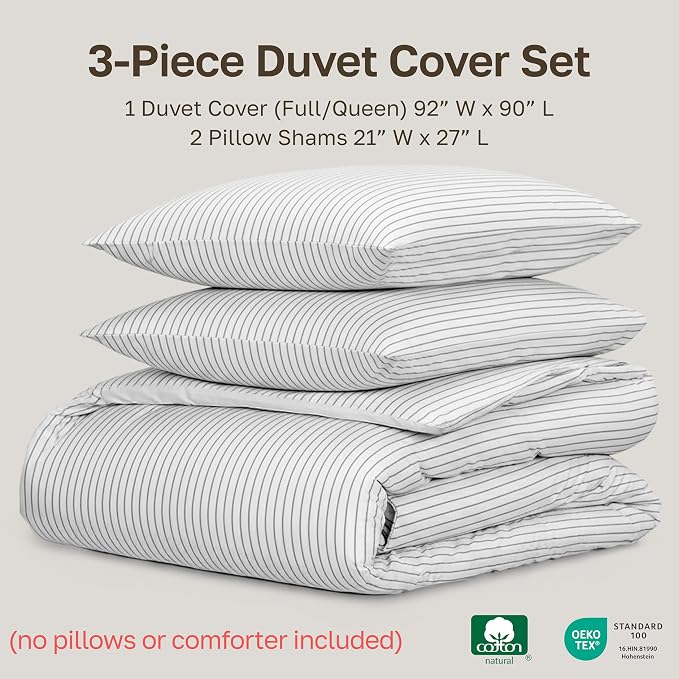 California Design Den Printed 100% Cotton Full/Queen Duvet Cover Set - 400 Thread Count Sateen, Button Closure and Corner Ties (3 Piece, Pinstripe Print)