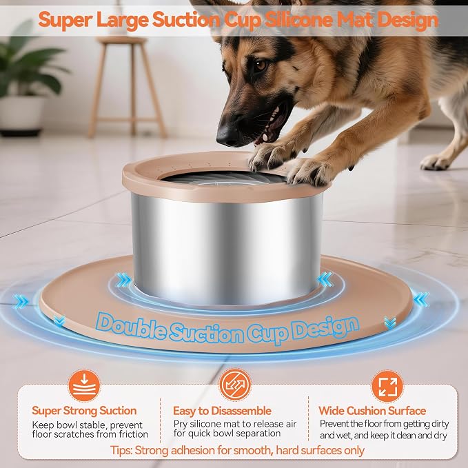 Decflow 12L No Spill Dog Water Bowl for Large Dogs, Stainless Steel Spill Proof Bowls with Suction Cup Anti-Skid Mat, Slow Feeder for Messy Drinkers, Heavy Duty Pet Bowls for Indoor/Outdoor Beige