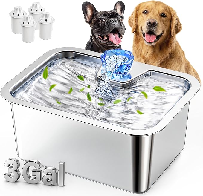 3 Gallon Large Dog Water Fountain, Stainless Steel Pet Water Fountain for Large Dogs, Automatic Big Dog Water Bowl Dispenser Drinking with 4 Filters, Easy to Clean, Quiet Pump