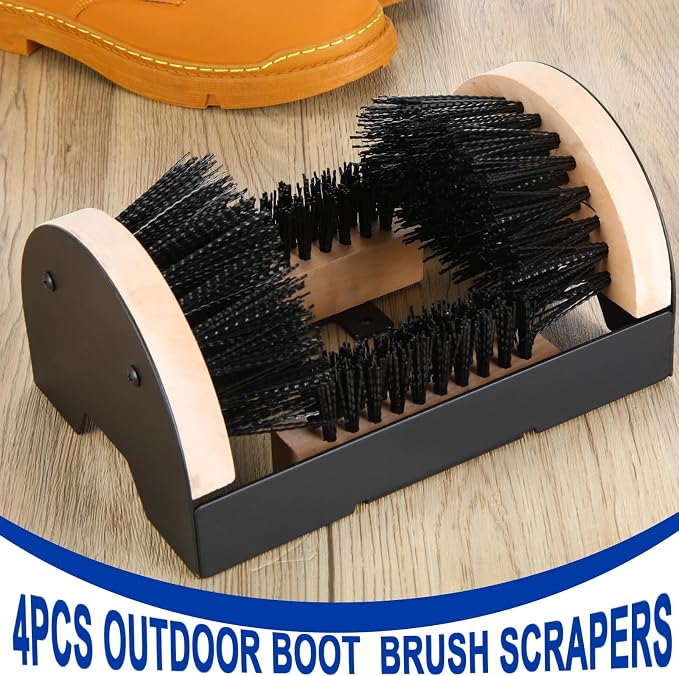 Sliner 4 Pieces Boot Brush Scraper Outdoor Shoe Cleaner for Mud Dirt | Heavy Duty Bristles, Entryway Doorway Placement, Removes Mud Snow Slush, Wood Plastic Build, Fast Cleaning on Sneakers Boot