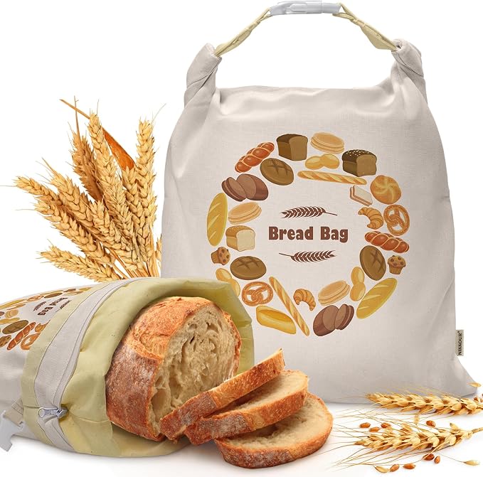 Large Linen Beeswax Bread Bags(2 Pack) Sourdough Bread Bags Reusable Double-Lock Freezer Baking Container Gift Giving for Homemade,Loaf,Sourdough,Food Storage (Bread Wreath Print)