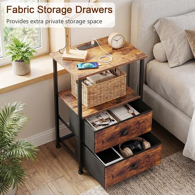 Night Stand, Nightstands Set of 2 with Charging Station | Bedside Table with 2 Fabric Drawers for Bedroom, End Tables with Storage Shelf for Small Spaces, Rustic Brown