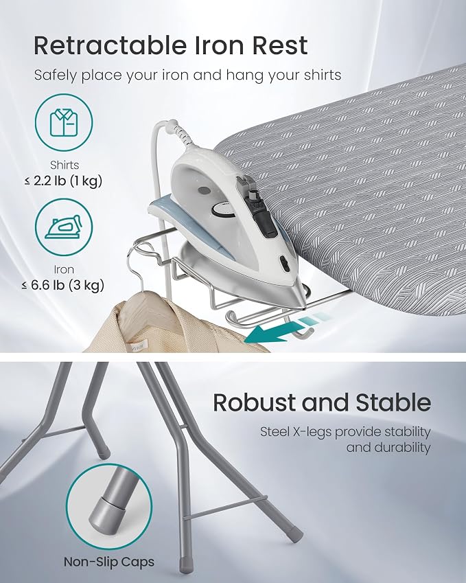 SONGMICS Full Size Ironing Board, Steel Frame with Cover and Sponge Pad, Foldable Standard Ironing Board with Iron Rest, 49.2 x 18.1 x 35.4 inches, Gray, Borix Collection ULLB100G101S
