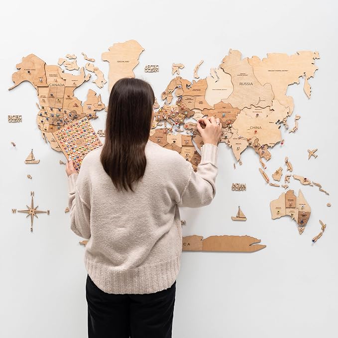 Enjoy The Wood 3D Wooden World Map Wall Art - Large Travel Map with Pins for Art Decor - Decorative Map of the World for Home, Office - Travel Wall Art Housewarming Gift Idea (Light, XL, Unframed)