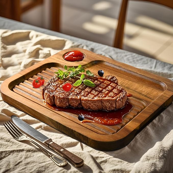 4 pcs Acacia Wood Steak Plates,Carnivore Meat Cutting Board for Eating | Carved Wooden Serving Trays Food Serving Platter Cheese Charcuterie Board with Deep Groove & Hidden Handles Housewarming Gift
