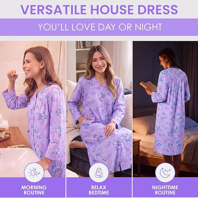 Casual Nights Women's Floral Snap Front Flannel Duster Long Sleeve Lounger Dress