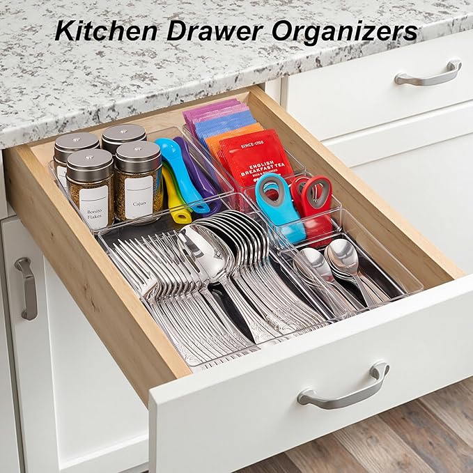 SMARTAKE 7-Piece Drawer Organizer with Non-Slip Silicone Pads, 4-Size Desk Drawer Organizer Trays Storage Tray for Makeup, Jewelries, Utensils in Bedroom Dresser, Office and Kitchen (Clear)