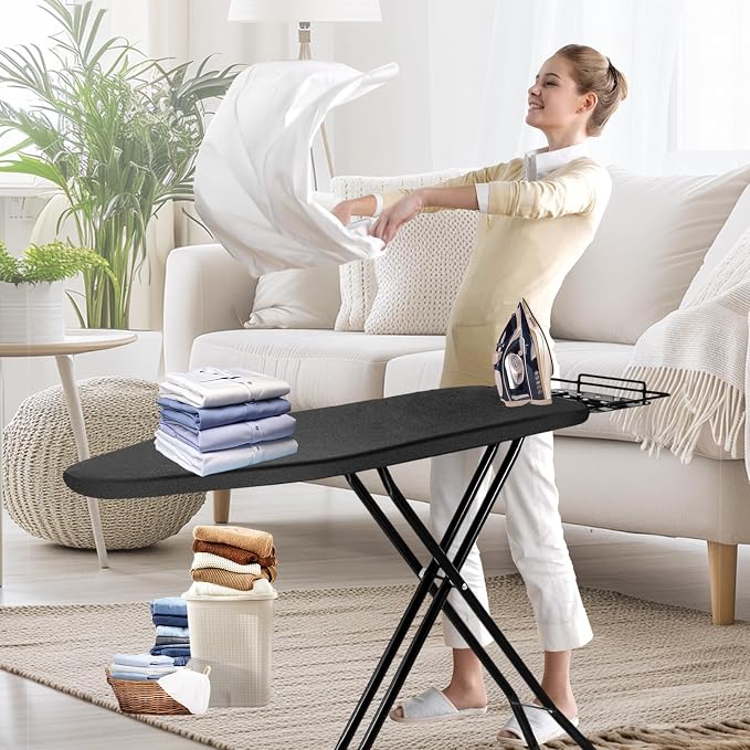 Ironing Board, 43x14 Inch Iron Board with Steam Rest, Heavy Duty Metal Frame Legs Ironing Table with Heat Resistant Cover Mat, Foldable Full Size Hanger Ironing Stand (Black, 52" L x 14" W x 34.6" H)