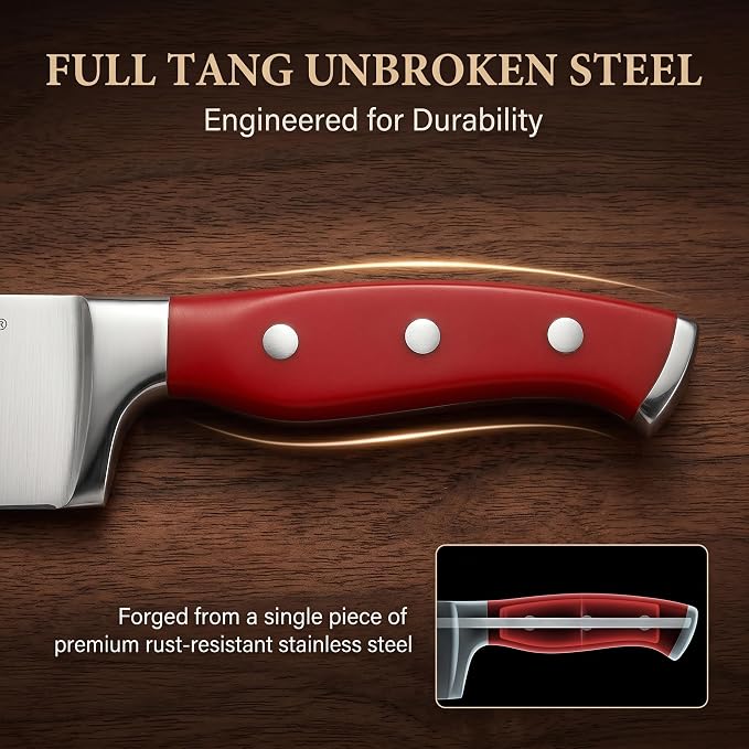 McCook Knife Set Red Kitchen Knife Block Set w Built-in Sharpener | German Forged Stainless Steel,15 PC,Razor Sharp, Anti-Rust,Ergonomic Handle,Full Tang,Vibrant Red, Gift Box