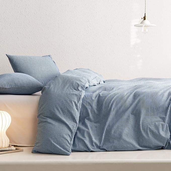 Wake In Cloud - Striped Cotton Duvet Cover Set, 100% Washed Cotton Textured Bedding Set, Ticking Stripe Pinstripe Farmhouse, 3 Pieces, Denim Blue, California King Size