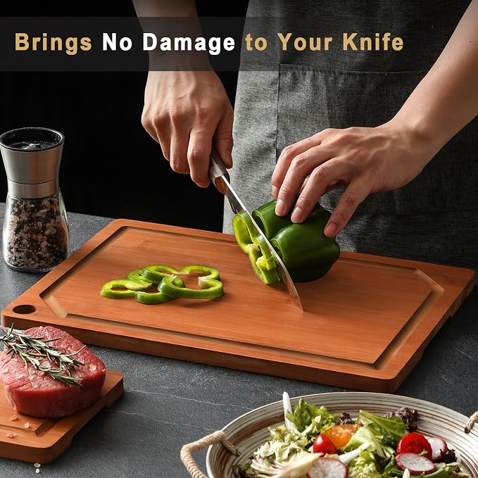 Hiware 4 Pieces Extra Large Wooden Cutting Boards Set- Bamboo Cutting Boards for Kitchen Meal Prep & Serving, Cutting Board with Deep Juice Groove & Built-in Handles, Charcuterie & Chopping Board