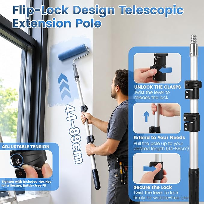 VOOMEY Professional Paint Roller Kit with Telescopic Extension Pole (44-89cm) 23cm, Polyester Paint Roller for Walls, 10cm Sponge Roller for Edges & Corners, Brush Set for Ceiling, DIY Home Renovation