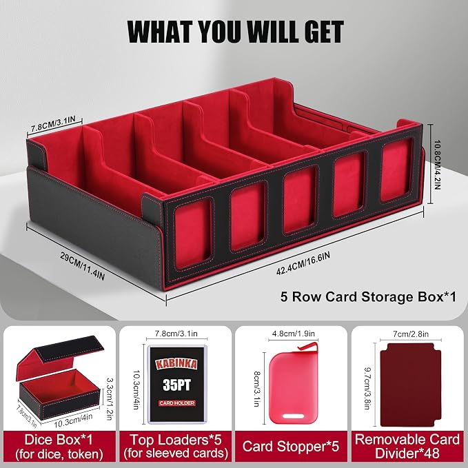 Trading Card Storage Box with Commander Display , 5-Row Deck Case with Removable Lid; 3900+ Card Deck Box for MTG TCG Sports Card, 5 Top Loaders, 5 Stoppers, 48 Dividers,1 Dice Tray (Black Red)