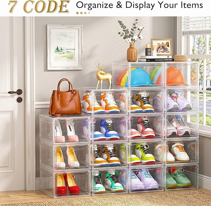 7 code Shoe Organizer, Clear Thickened Stackable Shoe Boxes with Magnetic Door, Collapsible Closet Storage Rack for Sneakers & Boots, 6 Pack White, Virgin Material, Not Recycled Plastic for Household
