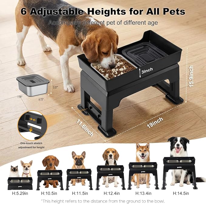 ZOMISIA Elevated Dog Bowls with No Spill Water Bowl, 6 Height Adjustable | 3-in-1 Dog Bowl Stand, Mess Proof Double Deck Design, 2 Stainless Steel Bowls, Licking Plate, For Small Medium Large Pets