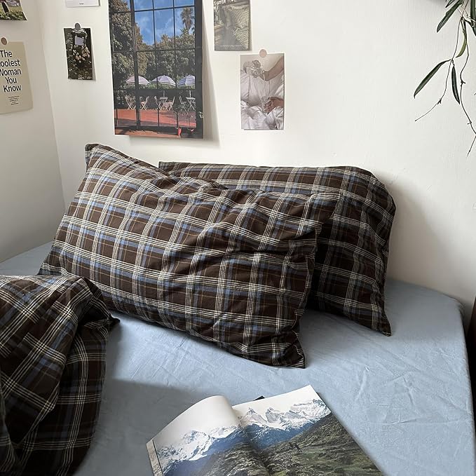 mixinni Vintage Brown & Blue Buffalo Plaid Duvet Cover Set Twin XL Size - 3 Piece Washed Cotton Bedding Set with Grid Pattern, Soft & Breathable Duvet Cover with Pillowcases for Boys, Men& Women