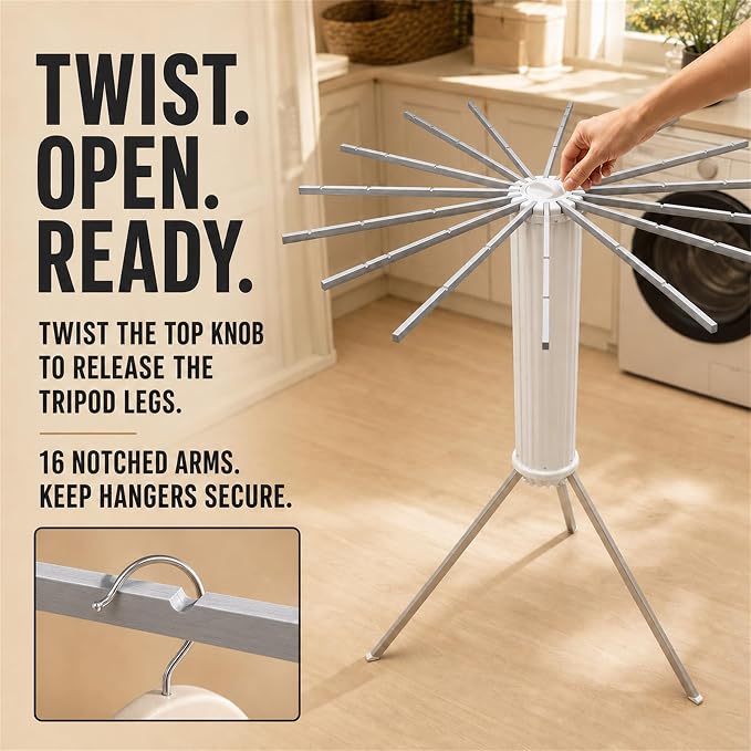 Clothes Drying Rack Foldable, Portable Laundry Drying Rack for Clothes with 16 Aluminum Rods & 48 Windproof Slots, Collapsible Tripod Dry Rack for Apartment, RV, Balcony