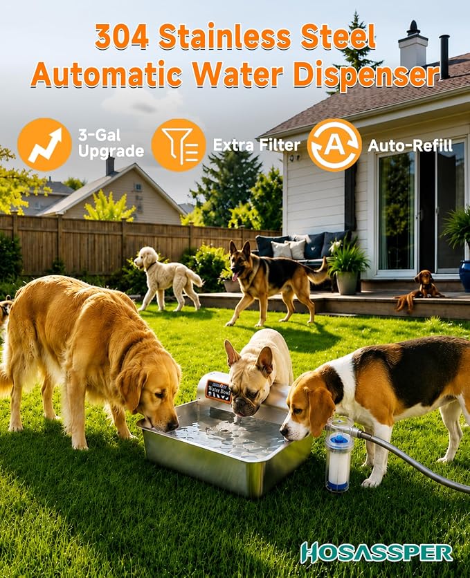 3 Gallon Automatic Dog Water Dispenser 304 Stainless Steel Auto-Fill | 3 Gallon auto water feeder, 304 stainless steel bowl with float valve for pets & poultry indoor outdoor use