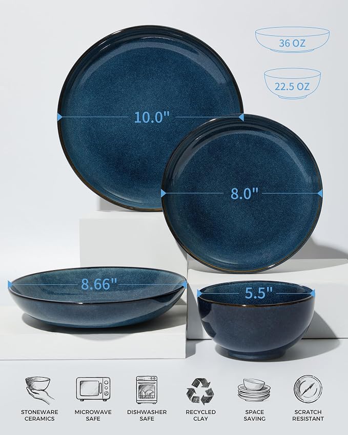 Pokini 24 Piece Double Bowl Dinnerware Sets with Pasta Bowls, Highly Chip and Crack Resistant Plates and Bowls Sets, Natural Earthyware Ceramic Dishware Sets, Service for 6 Starry Blue