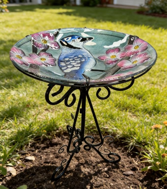 Large Glass Bird Bath with Metal Stand, Blue Jay | 18" Wide Bowl, 3.2" Bathing Depth, Thick Glass Construction, Stable 3-Leg Base, Easy Clean Surface, Garden Decor