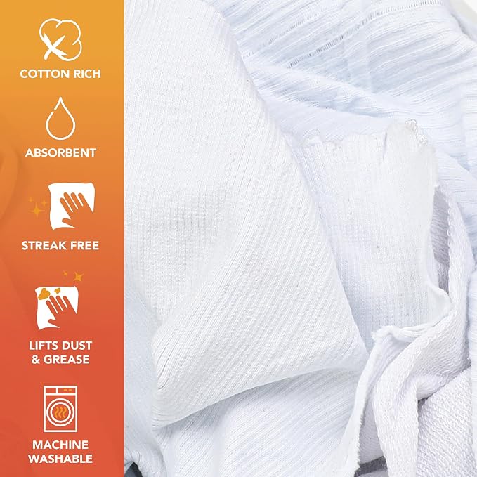 Arkwright T-Shirt Rags Bulk, 25 lb Box, Cotton Cleaning Towels, Low Lint Knit Wiping Cloths for Paint, Stain, Grease, Shop and Auto Use, Absorbent Machine Washable, White
