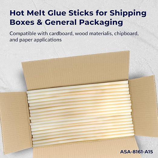 ASA Full Size Hot Glue Sticks 7/16" x 15", 10 lb Box, 150 Ct | High-strength, fast-setting hot glue sticks for industrial packaging and woodworking. 10 lb box, 150 sticks.