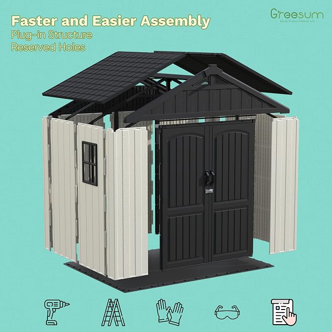 Greesum 8x6FT Plastic Outdoor Storage Shed with Floor, Resin Sheds with Window and Lockable Door, Easy Assembly, HDPE Kick-it Shed for Garden, Lawn, Backyard, Beige