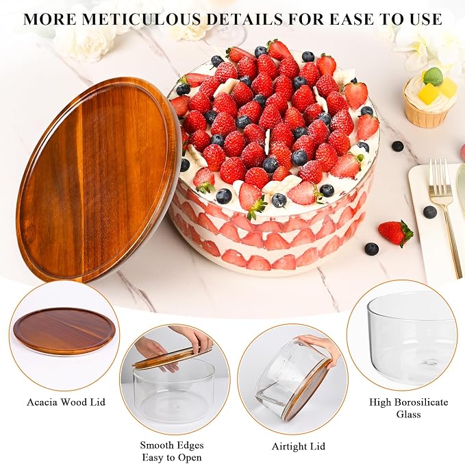 LOVYANXUE 155 oz Large Glass Trifle Bowl with Acacia Wood Lid - Glass Salad Bowl, Versatile Serving Bowls for Cake, Salad, Fruit, Baking, Dessert, Meal Prep, Storing, Microwave & Oven Safe, BPA Free