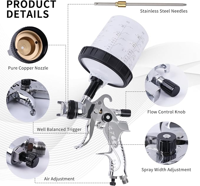 HVLP Spray Gun with Disposable Paint Cups Kit for Car Painting | 10 Disposable 600ml Paint Cups, 4 Nozzles (1.4/1.7/2.0/2.5mm) For Automotive Primer, Basecoat, Clear Coat And Diy Projects.