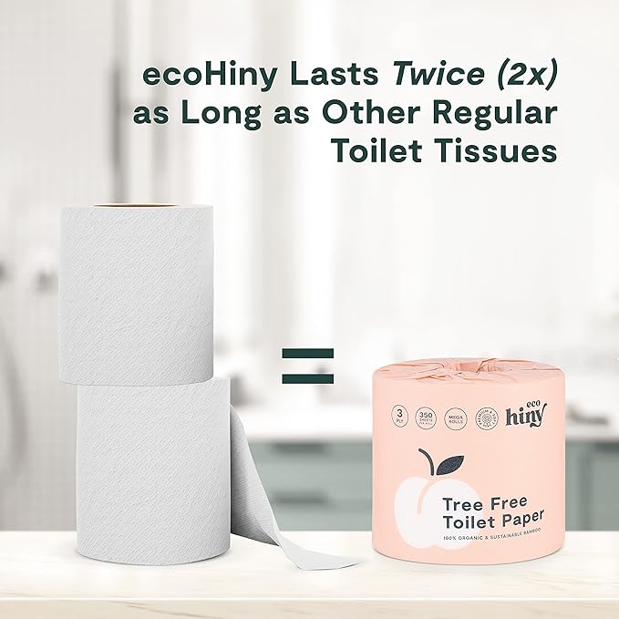ecoHiny Premium & Soft Bamboo Toilet Paper | PFAS Free | 6 Mega Rolls, 3 ply & 350 Sheets | Non Toxic, FSC Certified, Septic Safe, BPA Free | Tree Free Toilet Tissue | Plastic Free Packaging