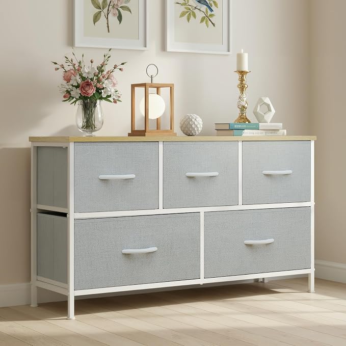 OLIXIS 5 Drawer Dresser for Bedroom, Storage Organizer Unit for Closet | Chest of Drawers for Clothes Storage with Bins, Wide Fabric Bedroom Dresser, Wooden Top, Living Room, Light Grey