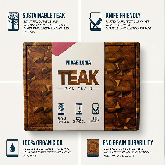 Teak Wood Cutting Board for Kitchen, End Grain Extra Thick Butcher Block | 20 x 12.2 Inch (ExtraThick 1.7") Professional Heavy Duty Hardwood Non Toxic Wooden Chopping Board (Oil & Plate Included)