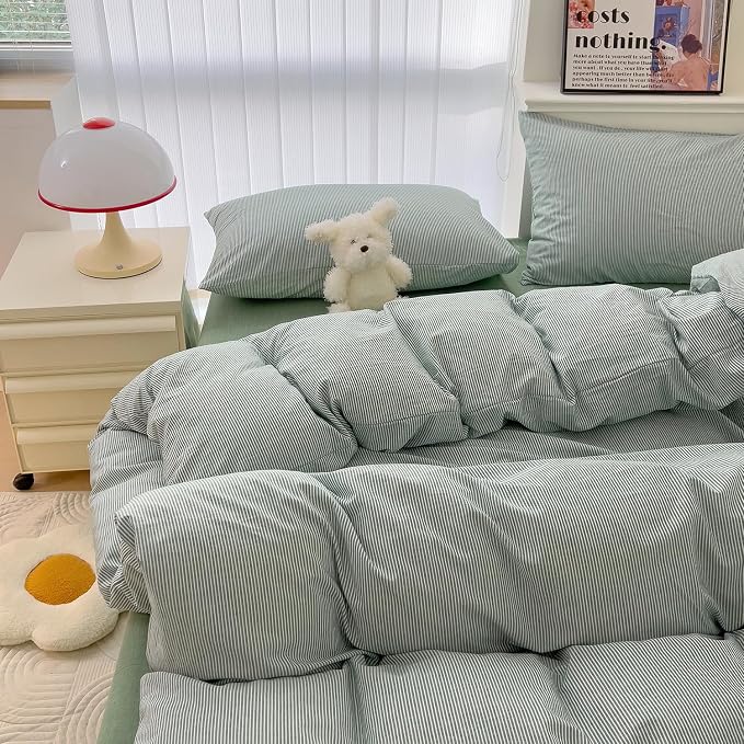 mixinni Green Striped Duvet Cover Twin Size - 100% Washed Cotton Pinstripe Comforter Cover with Zipper Closure, Lightweight & Breathable, 3 Pieces Minimalist Stripes Pattern Printed Bedding Set
