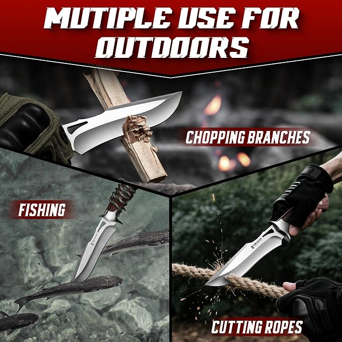 Dragon Creek Fixed Blade Knife - Bowie Knife with Wooden Handle | with Leather Sheath for Fishing Camping Men Gift