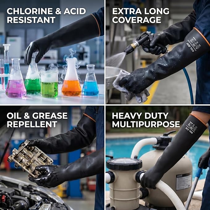 Heavy Duty Latex Gloves, Chemical Resistant Work Gloves - Waterproof, Resist Acid, Oil, Alkali - Extra Long Industrial Rubber Safety Glove for Sandblasting & Deep Tank, 22in, 6 Pairs