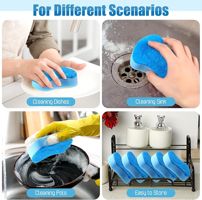 Tanlade 60 Pcs Individually Wrapped Sponges Kitchen Bulk Non Scratch Scouring Sponges for Dishes Household Cleaning Travel Apartments Hotel Car (Blue)