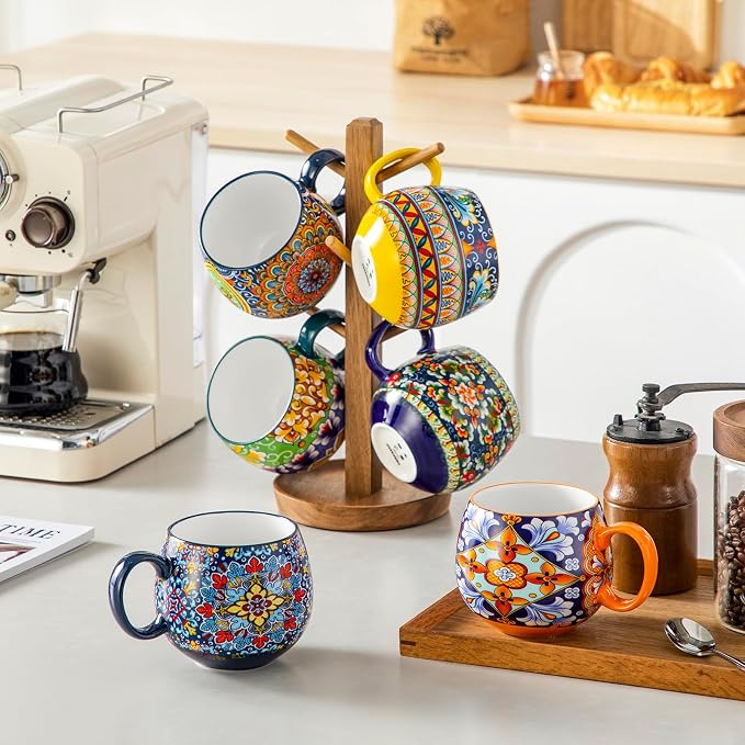 vancasso Coffee Mugs Set of 6, Coffee Cups Ceramic 18oz, Porcelain Coffee Mugs for Cappuccino, Latte, Espresso, Colorful Coffee Mugs with Handle, Rounded Boho Mugs, Microwave & Dishwasher Safe