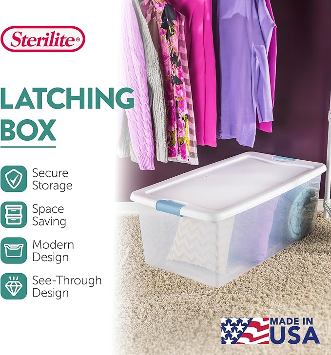 Sterilite 12-Pack Latching Box, Under Bed Storage Bins with Lids, Clear Plastic, 106 Quart - Heavy-Duty Organizing Containers for Closet, Bathroom, and Office