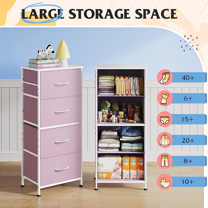 WLIVE Small Dresser Nightstand for Bedroom, 4 Drawers, A-Pink | 4 vertical fabric drawers, Space-saving tower, Bedroom or closet use, Chest of drawers, Dresser for small spaces