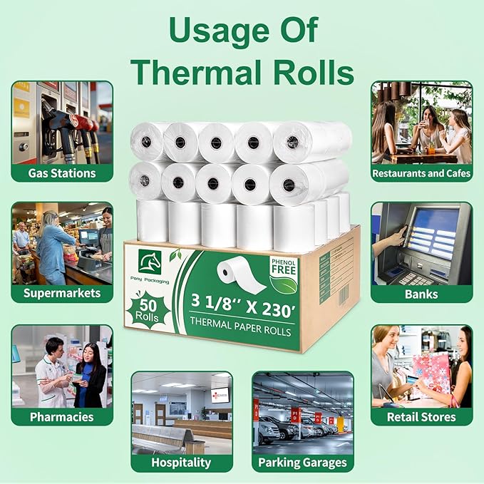 Phenol Free Thermal Paper 3 1/8" x 230', 50 Rolls Thermal Receipt Paper, BPA BPS Free Receipt Rolls for POS Systems and Credit Card