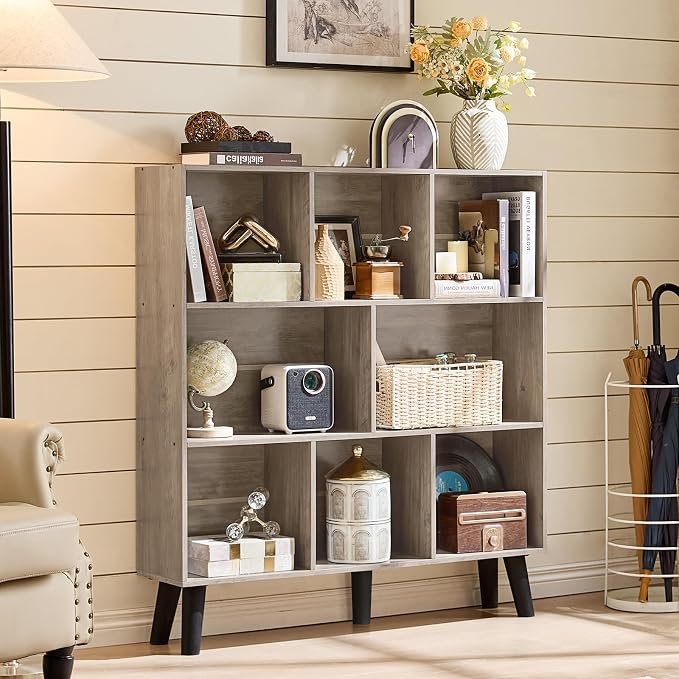 LEYAOYAO 8 Cube Bookshelf, Mid-Century Modern Book Shelf with Legs, Grey | 3 Tier Bookcase, Rustic Wood Bookshelves Freestanding Large Storage Organizer, Open Shelves for Bedroom, Living Room, Office