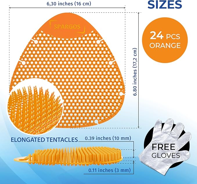 Urinal Screen Deodorizer (24 Pack) - Urinal Cakes - Fresh 3d Wave Anti-Splash - Odor Protection for Toilets in Bathroom Office Stadiums Schools with Free Gloves - 24 pcs Orange Spectrum Model