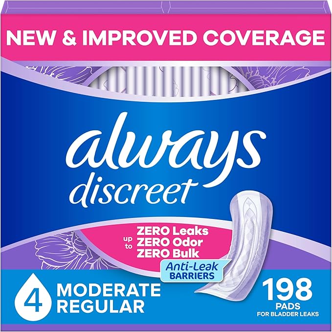 Always Discreet Adult Incontinence Pads for Women, Drier, 4 Drop Regular Length, Moderate Absorbency, Pads for Bladder Control Management, Bladder Leaks, & Postpartum Pads, 198ct