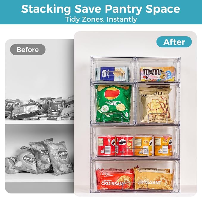 Vtopmart 6 Pack Clear Stackable Storage Drawers,Easy to Assemble Pantry Organizers and Storage with handles,Plastic Drawers for Kitchen Pantry,Cabinet,Under Sink Organization