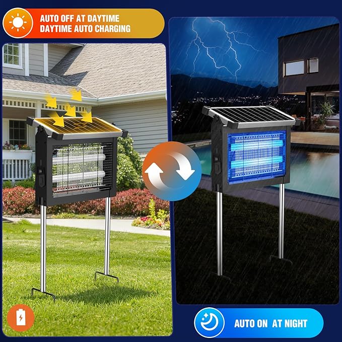 Zechuan Solar Bug Zapper Outdoor, 4500V Electric Mosquito Zapper, IP66 Waterproof Cordless Fly Killer, Type-C Rechargeable with Projection Light for Patio Yard Camping