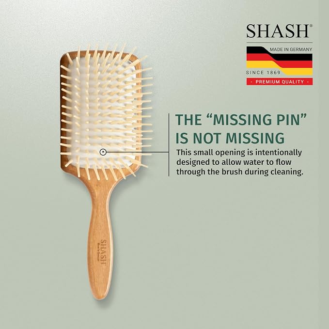 Made in Germany - SHASH Large Paddle Hair Brush, Thick And Curly Hair - Detangler With Long Pins & Rubber Cushion - Helps Detangle Knots, Eliminate Frizz, Reduce Pulling & Snagging