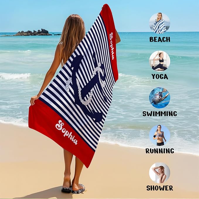 JML Personalized Beach Towel with Name, Custom Anchor Beach Towel, Customized Microfiber Pool Towel, Quick Dry & Absorbent Swim Towel for Adult,Anniversary, Birthday, Summer Holiday,Vacation