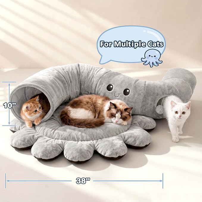 Cat Tunnel Bed for Indoor Cats, Peekaboo Cat Cave Bed with 20 Pcs Cat Toys, Soft Cat Donut Tunnel for Kitten Large Cats, Grey Octopus
